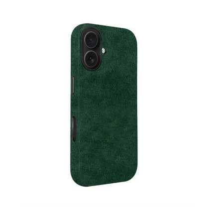 Green Alcantara iPhone 16 case by Carbon Loom shown from side view, offering stylish protection for the latest iPhone model.