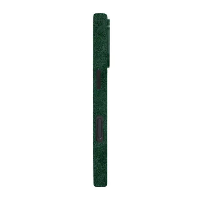 Green Alcantara iPhone 16 Pro case by Carbon Loom, side view showing textured, stylish protective phone cover.
