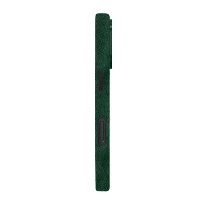 Green Alcantara iPhone 16 Pro case by Carbon Loom, side view showing textured, stylish protective phone cover.