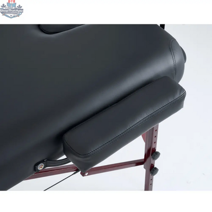 Greenlife Calgary 4-inch thick 2-section wooden portable massage table in black and cream, ideal for professional massage therapy.
