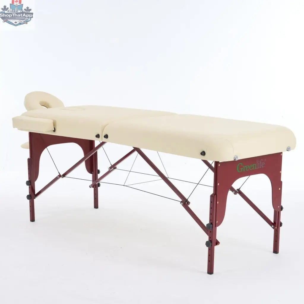 Greenlife Calgary 4-inch thick 2-section wooden portable massage table in black and cream for professional massage therapy.