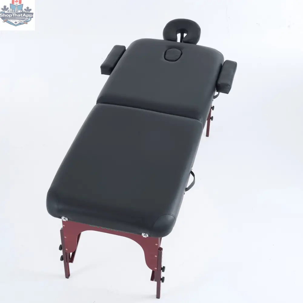 Greenlife Calgary 5-inch 2-section wooden portable massage table in black and cream with sturdy construction and adjustable height.