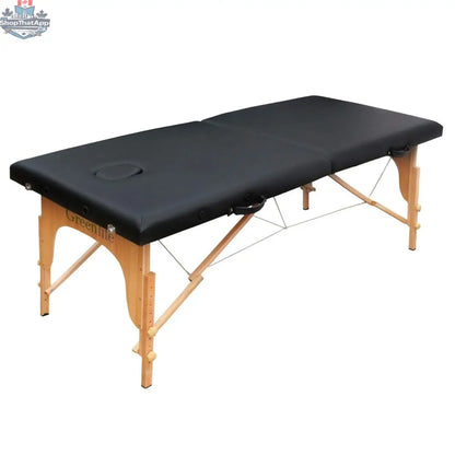 Greenlife Calgary SPORT SIZE portable massage table, 23-inch width, 3-inch thick with wooden frame and carrying bag, no armrest or headrest.