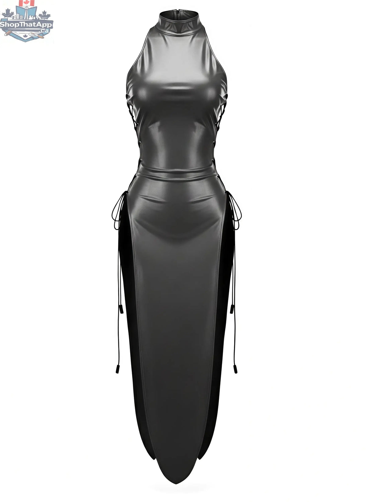 Grey vintage cheongsam lingerie satin and PU leather sexy party dress from MRJCOS, featuring a fitted silhouette and elegant design.