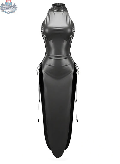 Grey vintage cheongsam lingerie satin and PU leather sexy party dress from MRJCOS, featuring a fitted silhouette and elegant design.