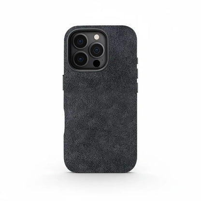 Grey Alcantara iPhone 16 case by Carbon Loom featuring a sleek, textured fabric design for stylish protection.
