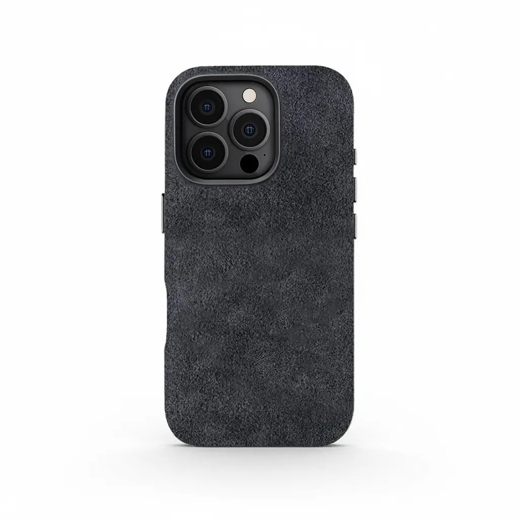 Grey Alcantara iPhone 16 Pro case by Carbon Loom showing a sleek, textured protective phone cover with a modern design.
