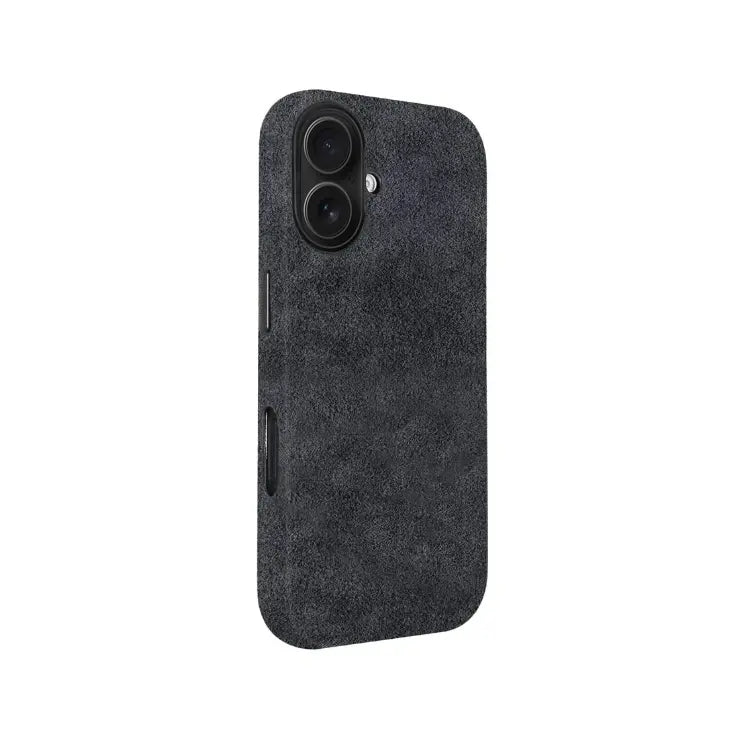 Side view of Carbon Loom grey Alcantara iPhone 16 case showing its sleek design and premium protective material.