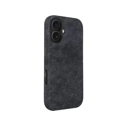 Side view of Carbon Loom grey Alcantara iPhone 16 case showing its sleek design and premium protective material.