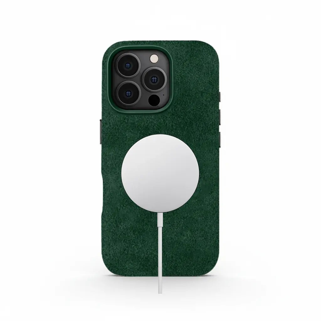 Green Alcantara iPhone 16 Pro case by Carbon Loom with magnetic closure, showcasing a sleek, stylish design and premium protection.