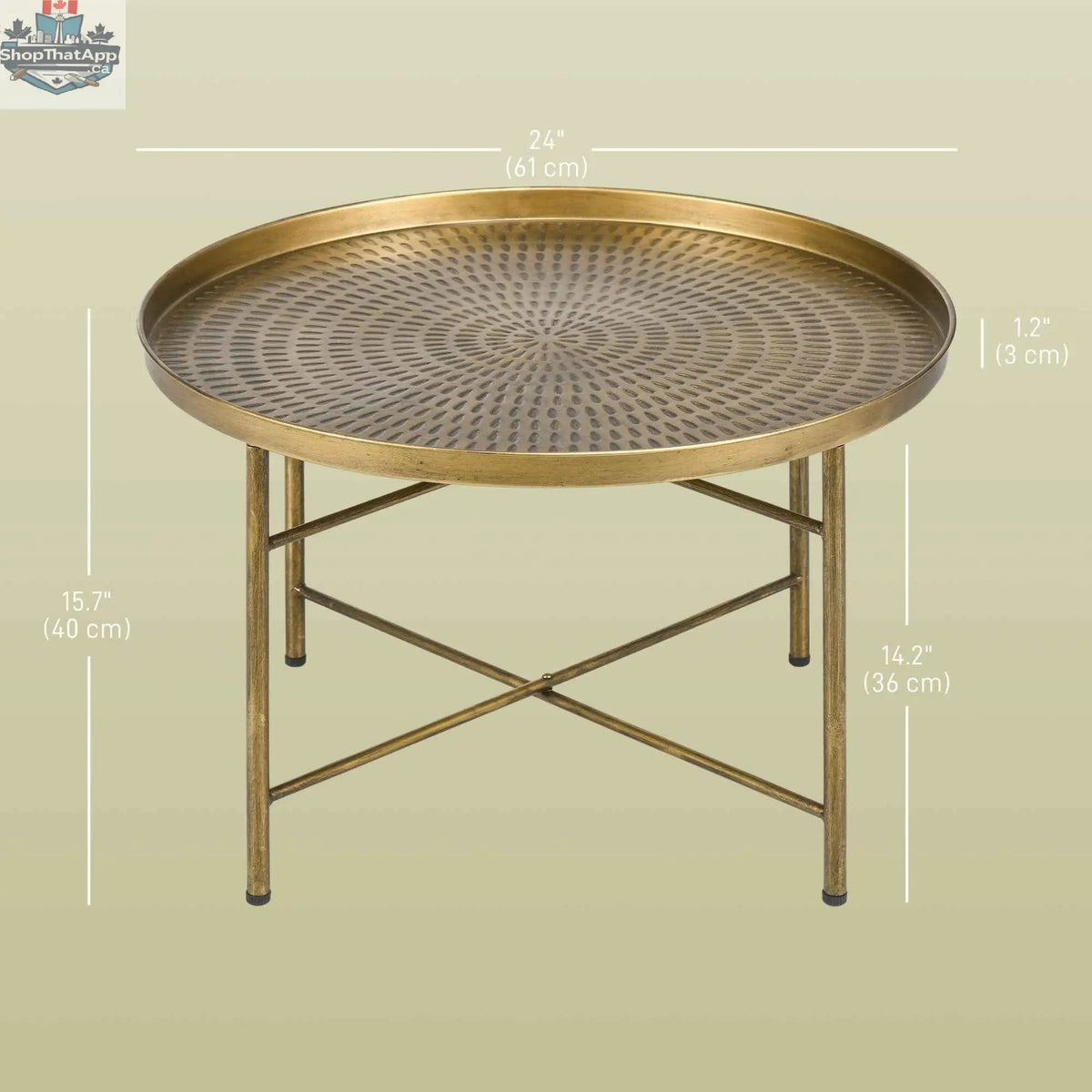 Dessie 24-inch vintage coffee table by SLOTH Nation with gold hammered tray top and metal frame, modern rustic furniture piece.