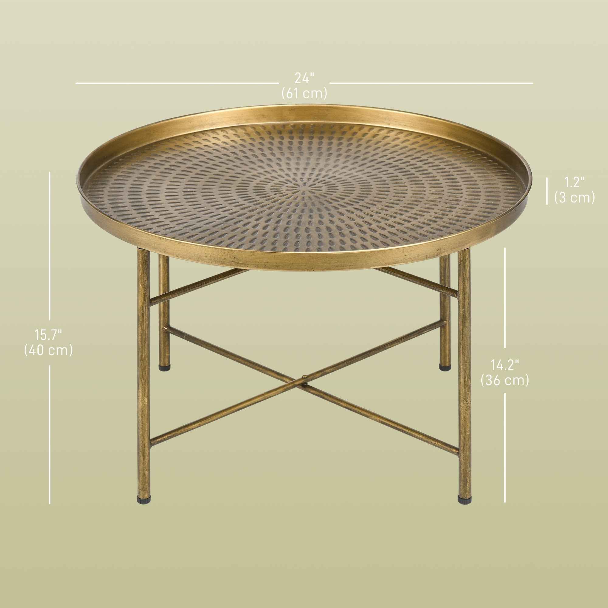 Dessie 24" Vintage Coffee Table with Hammered Tray Top and Metal Frame-Gold