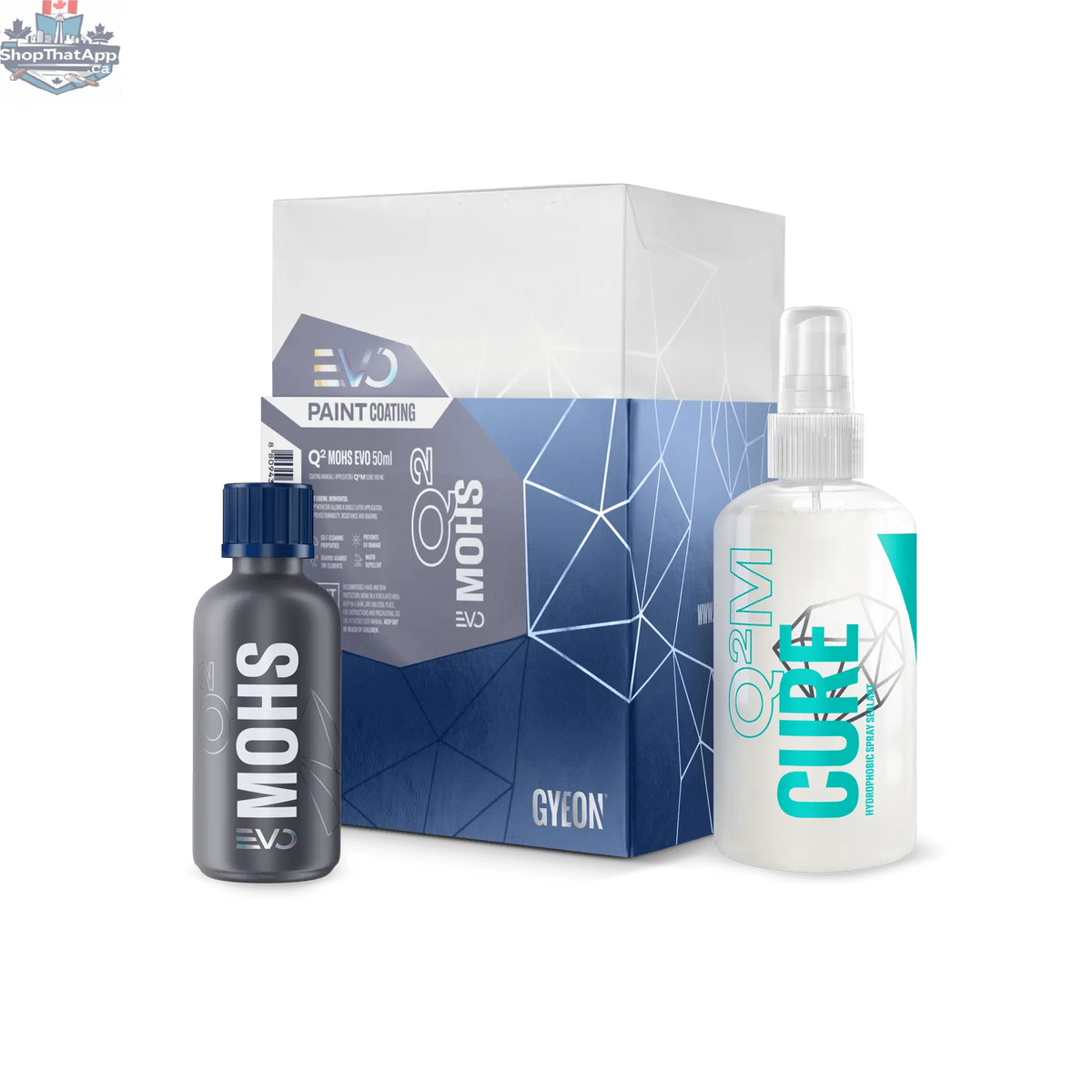 GYEON Q² Mohs EVO ceramic coating kit for car paint protection, featuring applicator bottles and microfiber cloths.