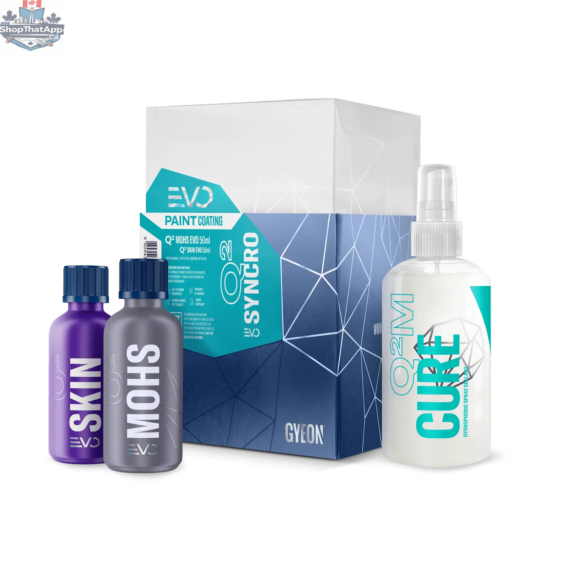 GYEON Q² Syncro EVO Kit for car paint protection and ceramic coating, featuring application tools and product bottles.