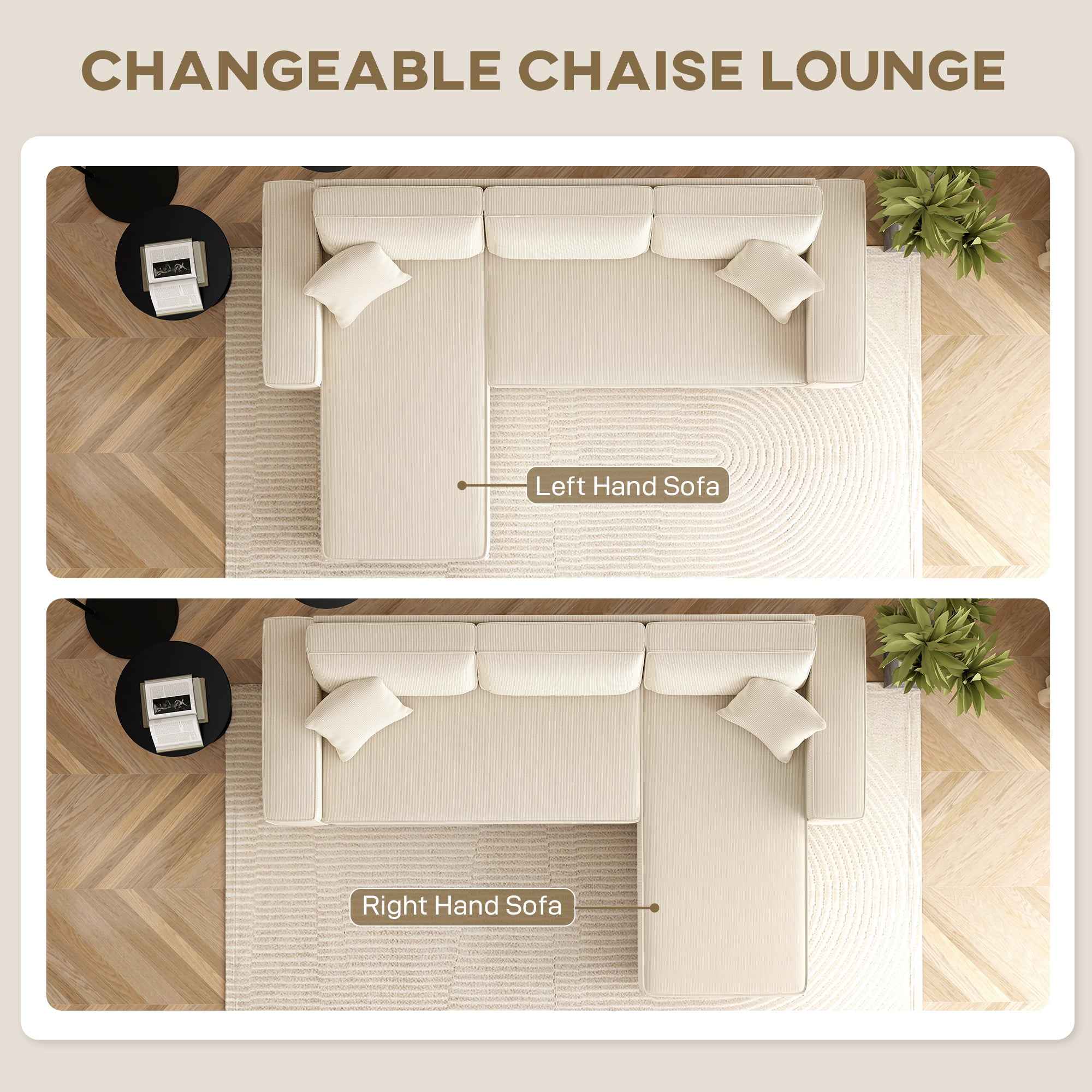 Ronny Reversible Sectional with Changeable Chaise-Cream White