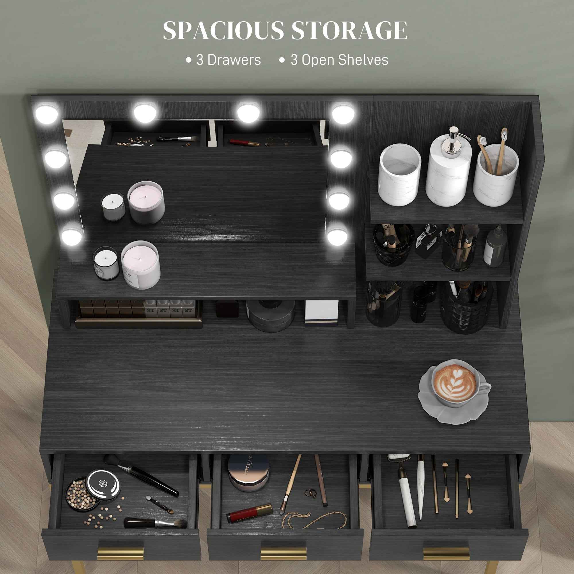 Sophia Illuminated Makeup Table with LED Lights and 3 Drawers-Black