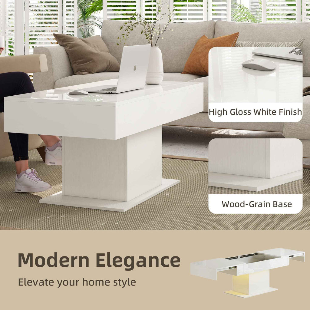 Halston Extendable Coffee Table with LED Lights and Hidden Storage-White