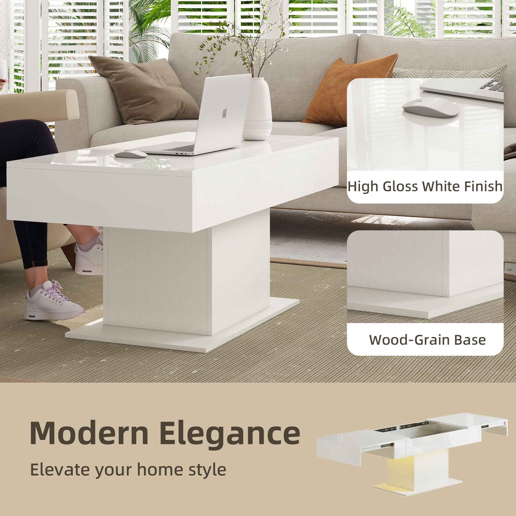 Halston Extendable Coffee Table with LED Lights and Hidden Storage-White