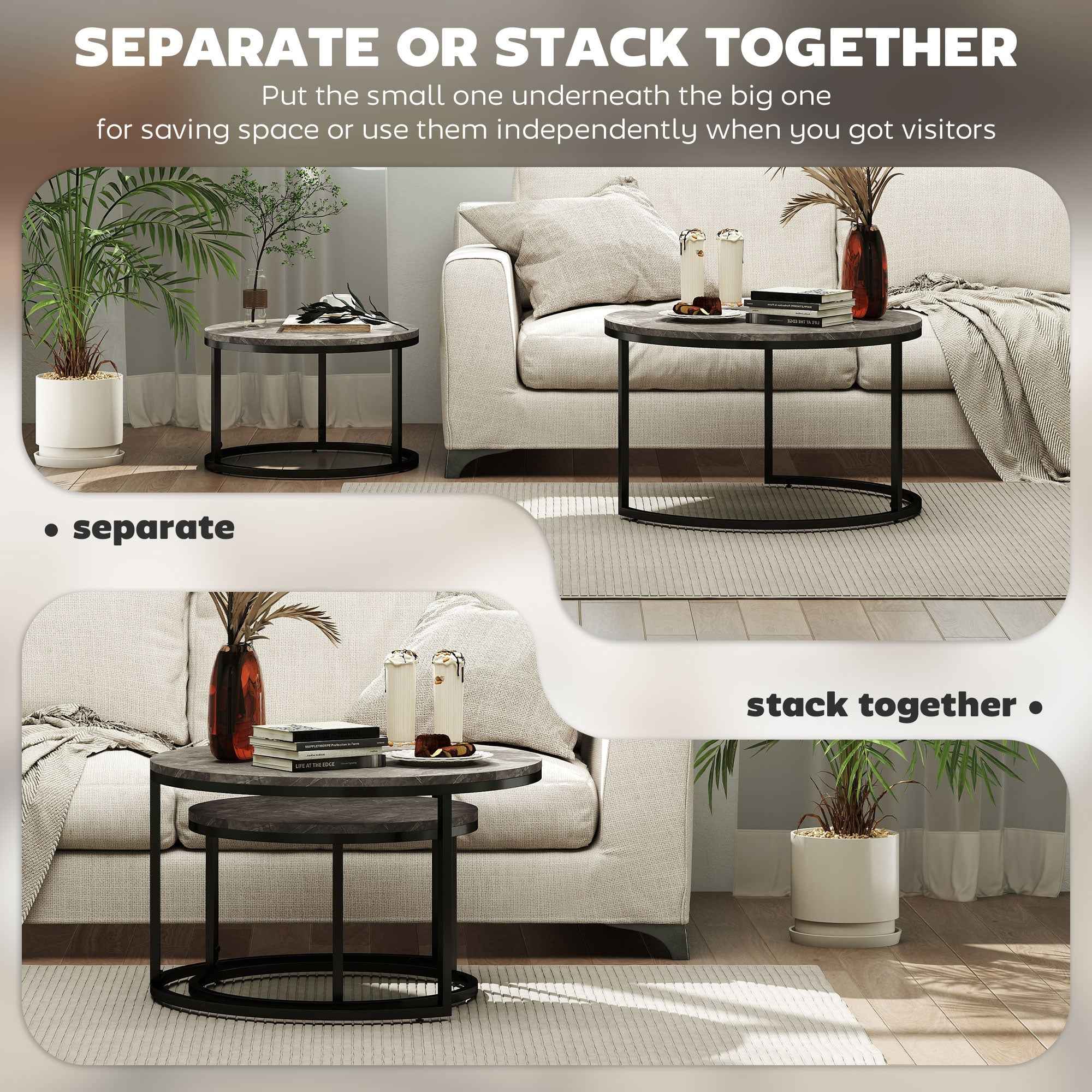 Zephyr Modern Nesting Coffee Table with Faux Marble Top-Grey