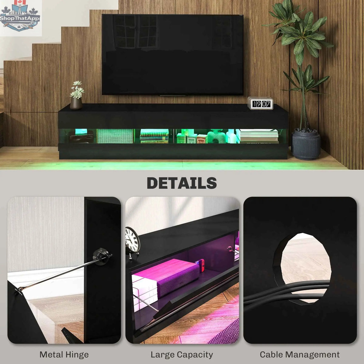 SLOTH Nation black high gloss lighted TV stand for TVs up to 75 inches, modern living room furniture with illuminated features.