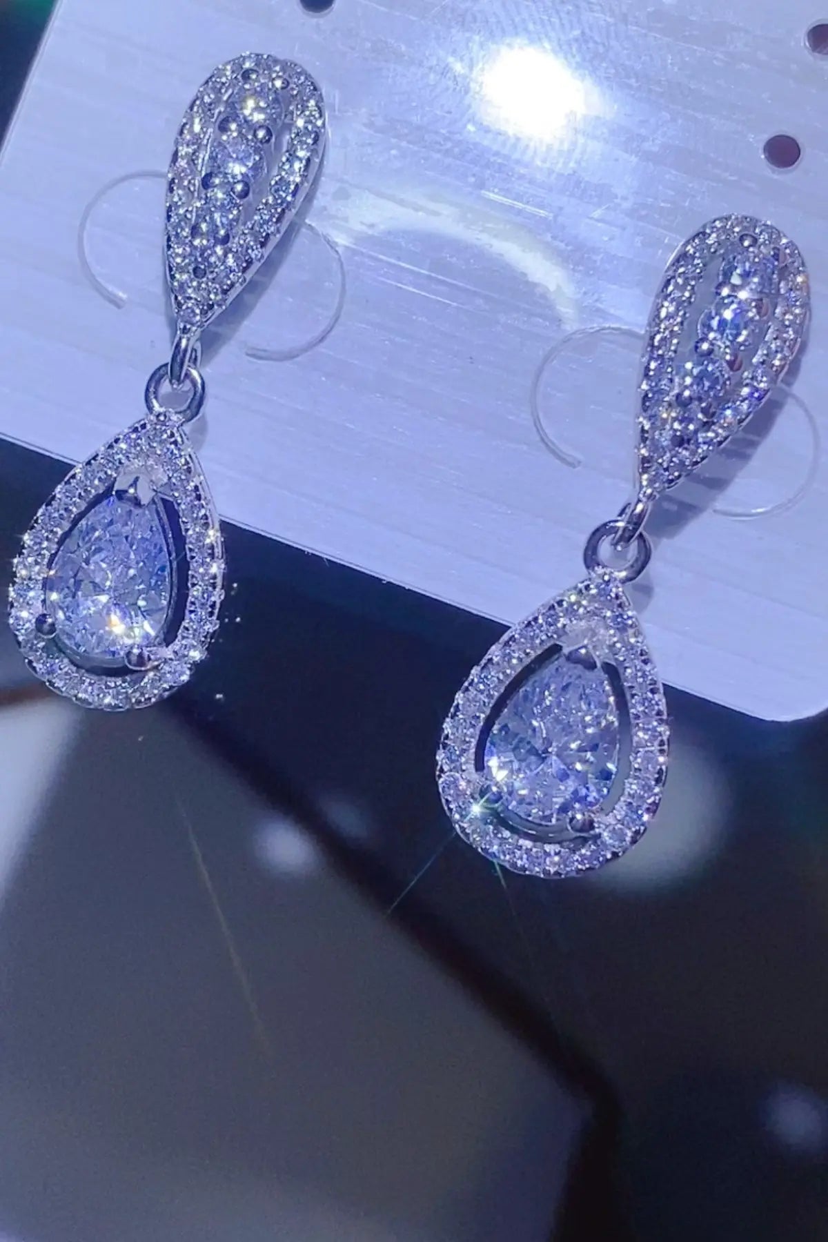 Sterling silver teardrop earrings with 2 carat moissanite stones, stylish and elegant jewelry by harry'zBOUTIQUE.
