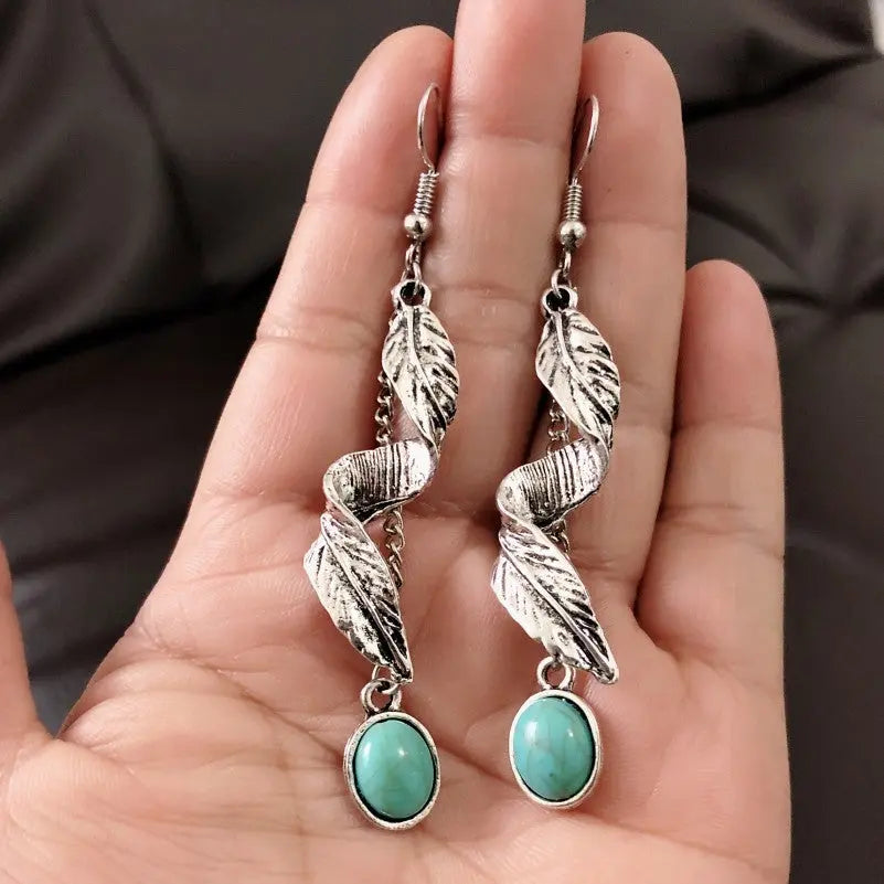 Turquoise leaf earrings with alloy design from harry'zBOUTIQUE, showcasing a stylish, elegant jewelry piece with leaf-shaped turquoise accents.