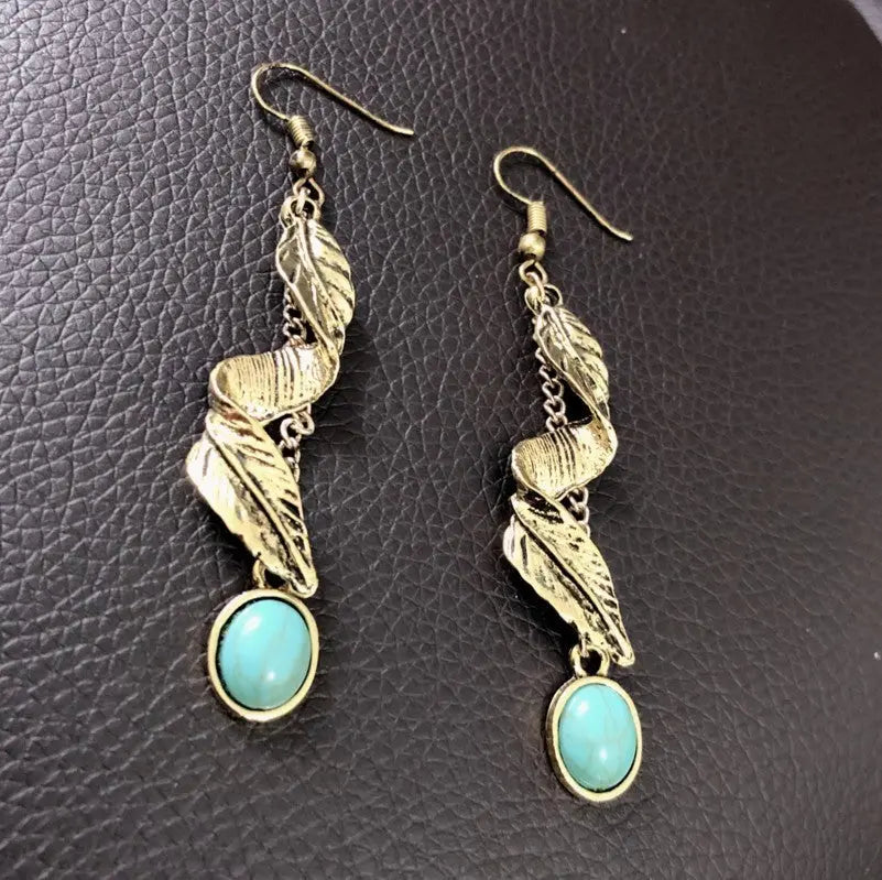 Turquoise alloy leaf earrings with elegant leaf design, perfect for stylish accessories from harry'zBOUTIQUE.