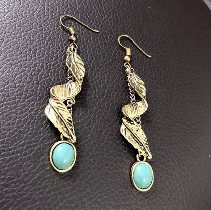 Turquoise alloy leaf earrings with elegant leaf design, perfect for stylish accessories from harry'zBOUTIQUE.
