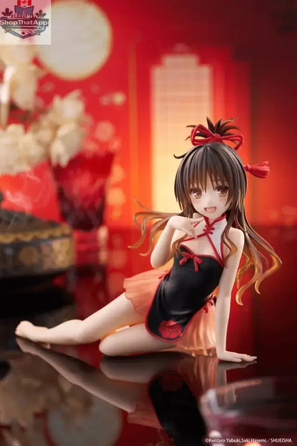 Anime figure of Mikan Yuki from To Love-Ru Darkness by Hawk Collectibles, dressed in a cute Chinese dress, desktop display.