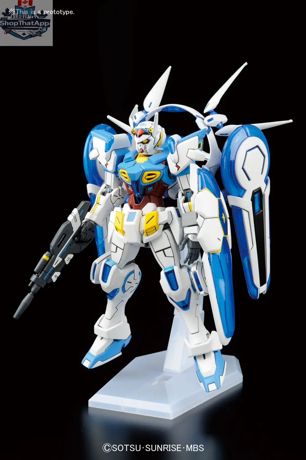 HG 1/144 Gundam G-Self model by Hawk Collectibles with Perfect Pack, featuring detailed armor and weapon accessories in a static pose.