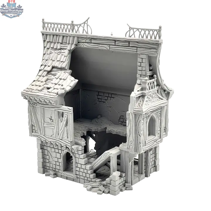 Detailed image of a ruined house terrain piece from Hawk Collectibles' Wargaming Terrain series, depicting a damaged building in misty hollow setting.