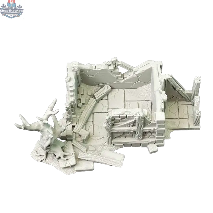 Hawk Collectibles ruined storehouse terrain piece from Misty Hollow, detailed wargaming ruins for tabletop battles.