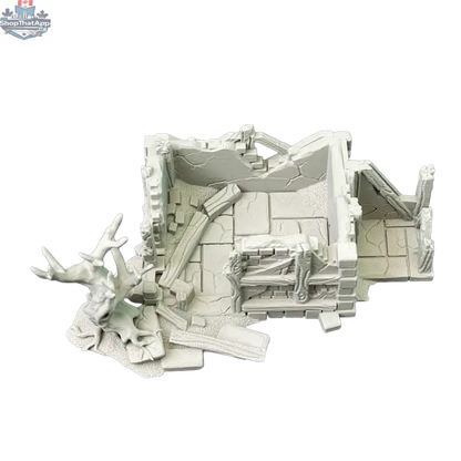 Hawk Collectibles ruined storehouse terrain piece from Misty Hollow, detailed wargaming ruins for tabletop battles.