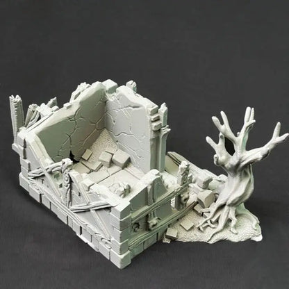 Ruined storehouse terrain piece from Hawk Collectibles' Misty Hollow Wargaming Terrain set, featuring weathered stone walls and debris.