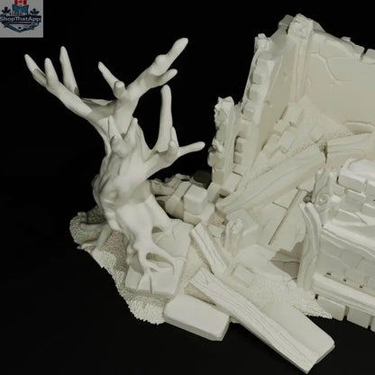 Wargaming terrain model of ruined storehouse from Misty Hollow by Hawk Collectibles, featuring weathered stone walls and broken roof.