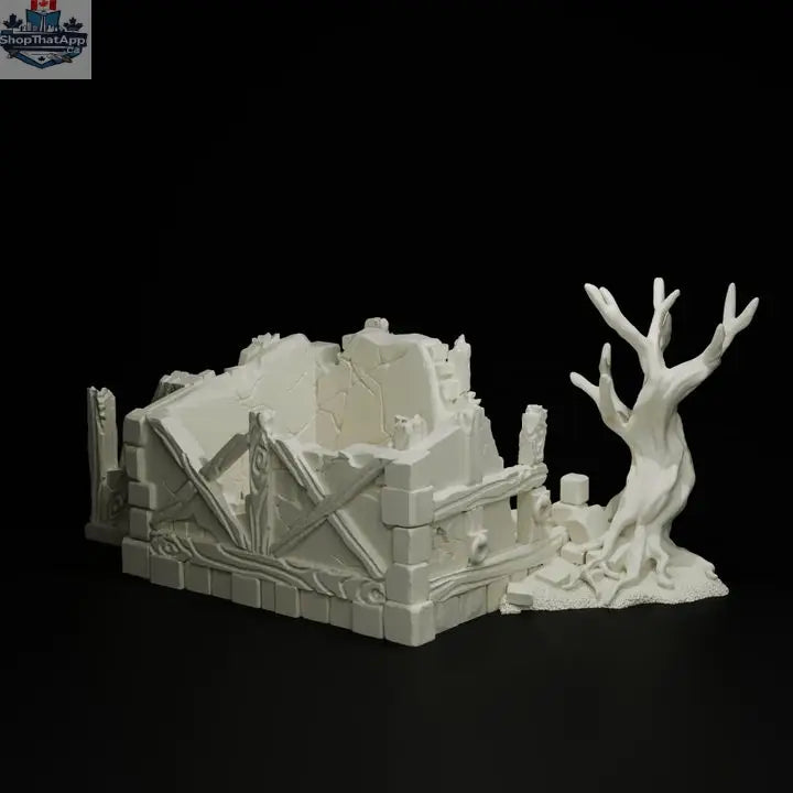 Wargaming terrain model of ruined storehouse from Misty Hollow by Hawk Collectibles, detailed weathered ruins for tabletop gaming.