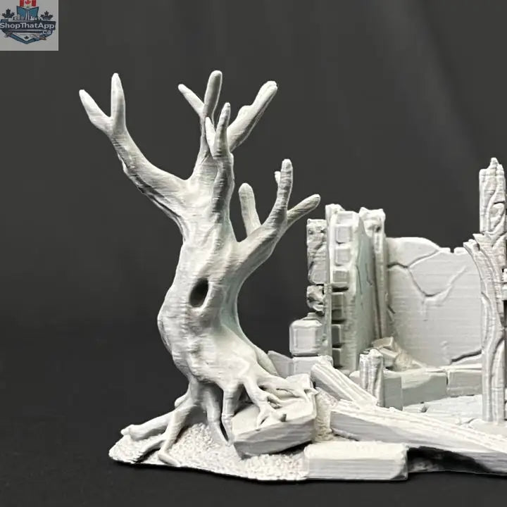 Ruined storehouse wargaming terrain piece from Hawk Collectibles featuring weathered stone walls and broken wooden elements.