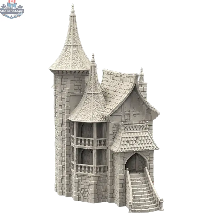 Fantasy medieval mansion terrain piece from Hawk Collectibles' Hamlet of Misty Hollow for wargaming, detailed castle-like structure.