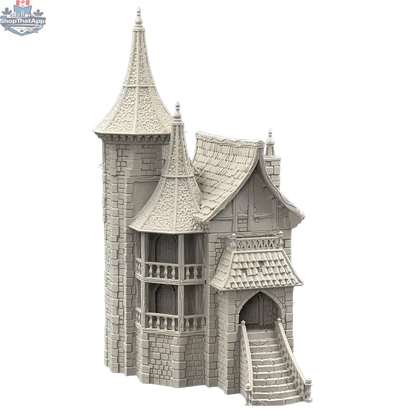 Fantasy medieval mansion terrain piece from Hawk Collectibles' Hamlet of Misty Hollow for wargaming, detailed castle-like structure.