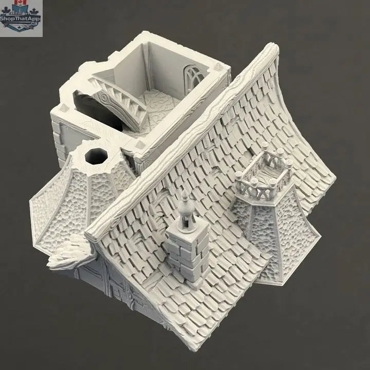 Detailed view of The Mansion fantasy medieval manor terrain piece by Hawk Collectibles for wargaming, set in Misty Hollow hamlet.