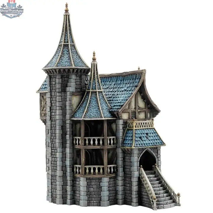 Detailed view of the Fantasy Medieval Mansion from Hawk Collectibles, a wargaming terrain piece for tabletop gaming in Misty Hollow.
