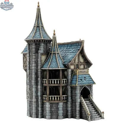 Detailed view of the Fantasy Medieval Mansion from Hawk Collectibles, a wargaming terrain piece for tabletop gaming in Misty Hollow.