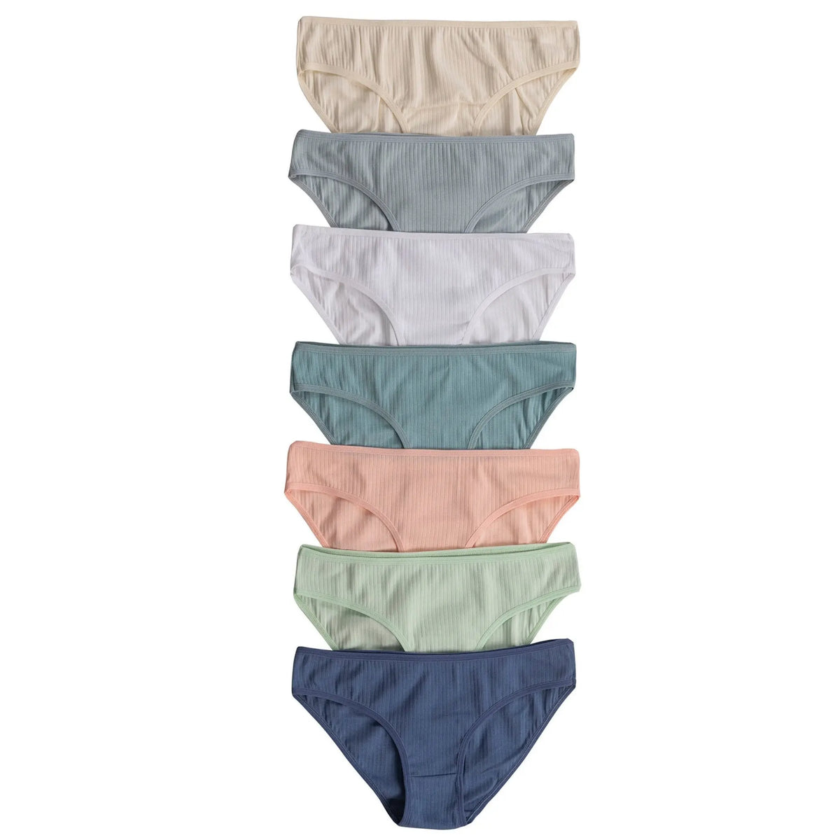 Seven pairs of Hazel Textile women's ribbed cotton bikini panties in various colors, comfortable stretch brief underwear set.