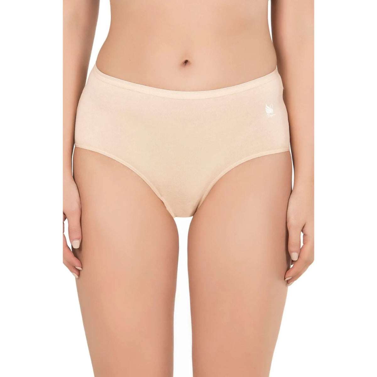 Three pairs of women's high-waist modal cotton panties in neutral colors from Hazel Textile, shown flat on a white background.