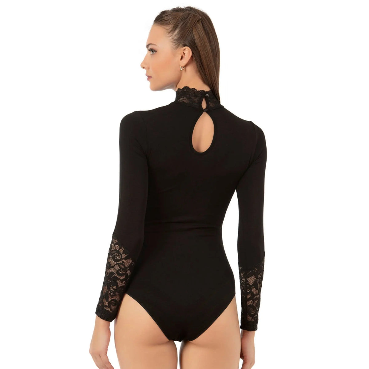 Women's lace bodysuit with high neck design from Hazel Textile, featuring intricate lace details and a fitted silhouette.