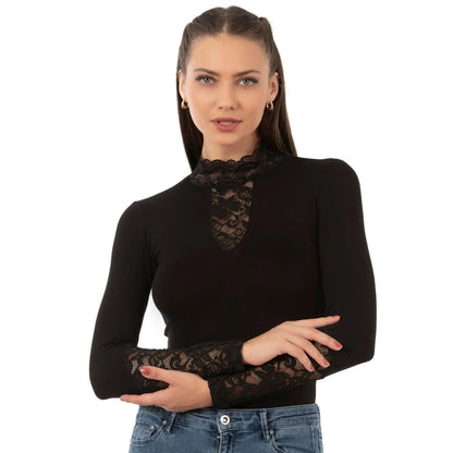 Women’s lace bodysuit with high neck design by Hazel Textile, featuring delicate lace fabric and a fitted silhouette.