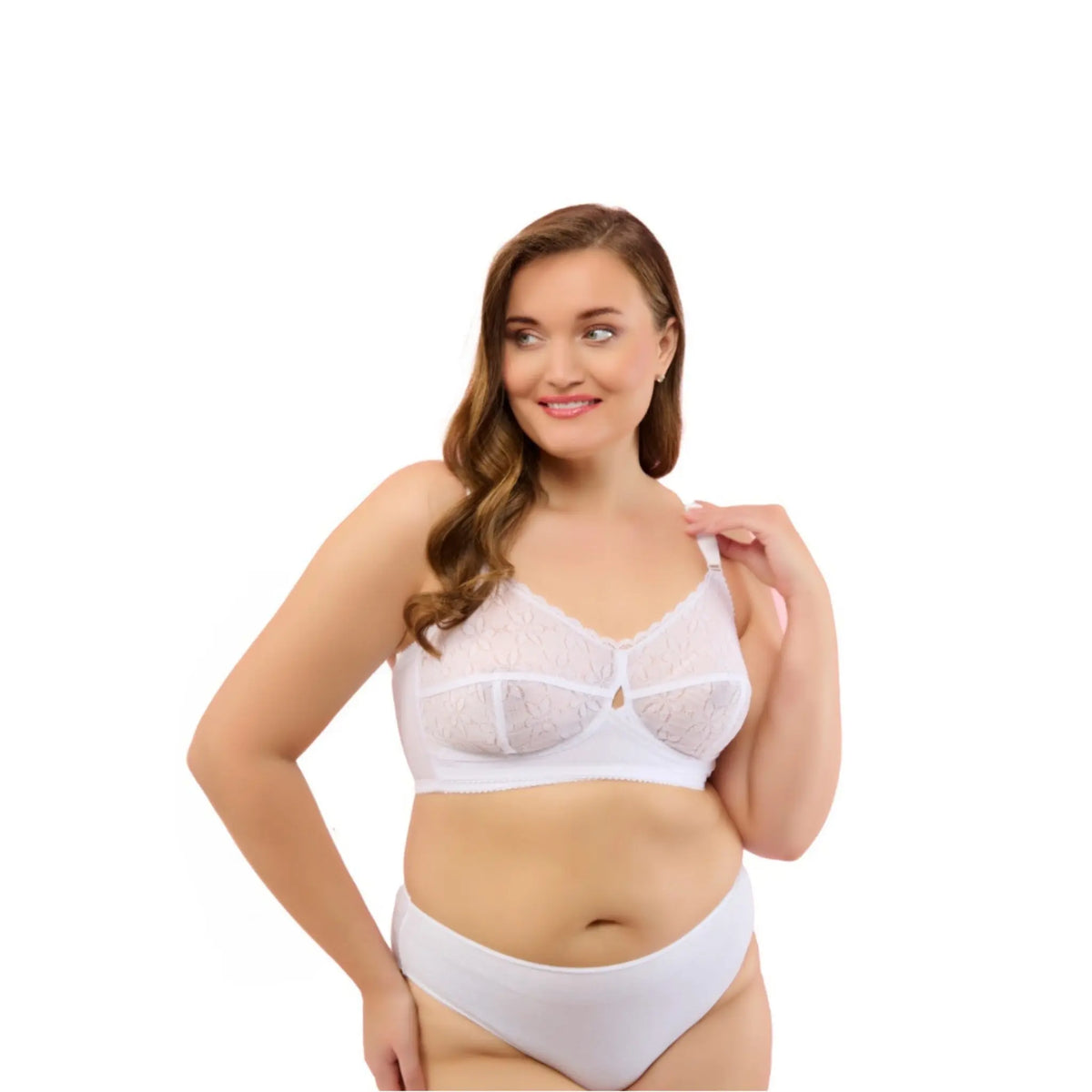 Full-coverage lace bra by Hazel Textile with intricate lace details and supportive design, shown on a neutral background.
