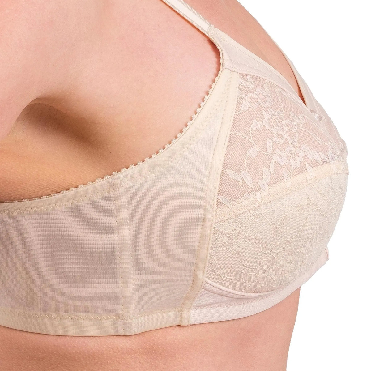Full-coverage wireless lace bra by Hazel Textile, showing smooth lace cups and adjustable straps for comfortable support.