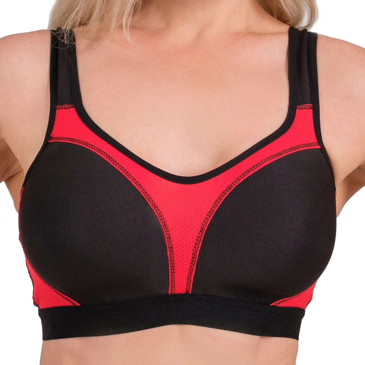 Hazel Textile high-impact sports bra with breathable mesh fabric, featuring supportive design and adjustable straps for active wear.
