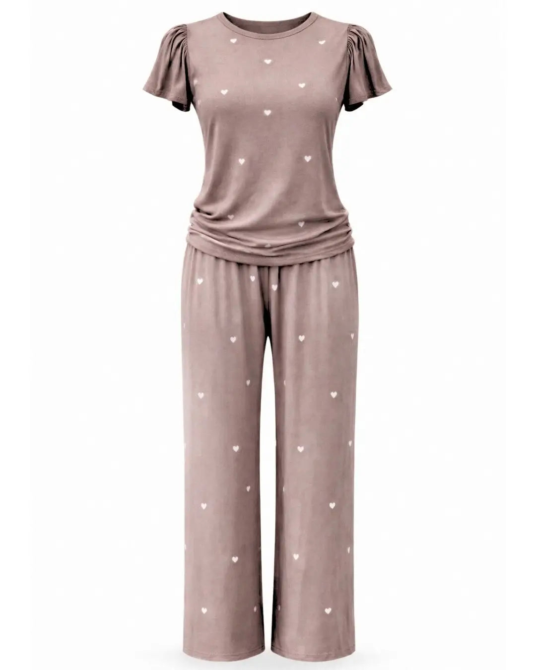 Heartfull PJ – Silky Printed Pajama Set 2PC In Mochacinno Hearts - Shopthatapp.ca